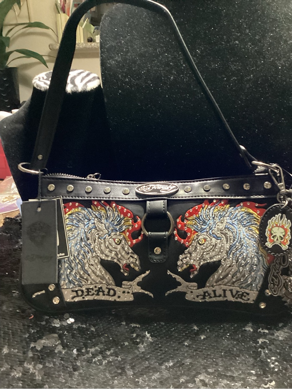 Ed Hardy Black Shoulder Bag with Embroidered Unicorn Motif